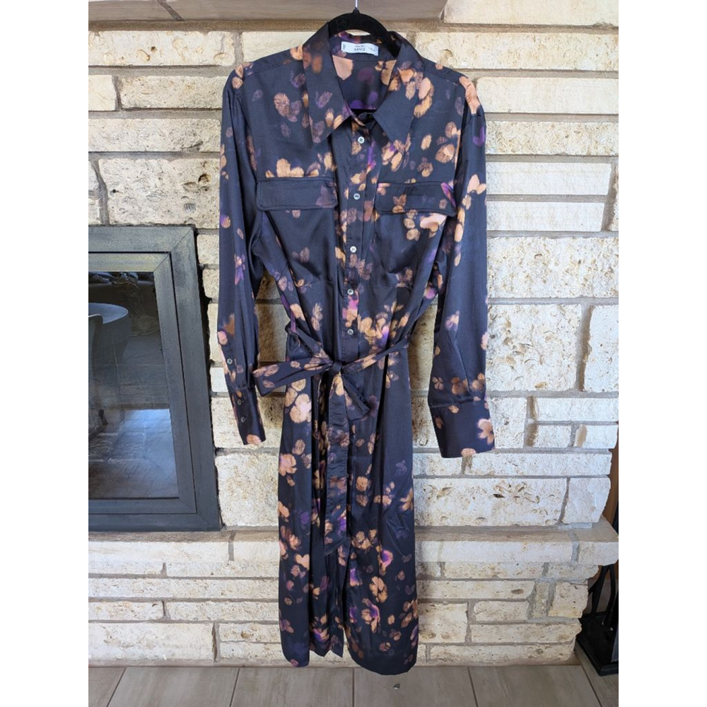 Women's MNG Navy Purple And Gold Floral Long Sleeve Dress Plus Size 16